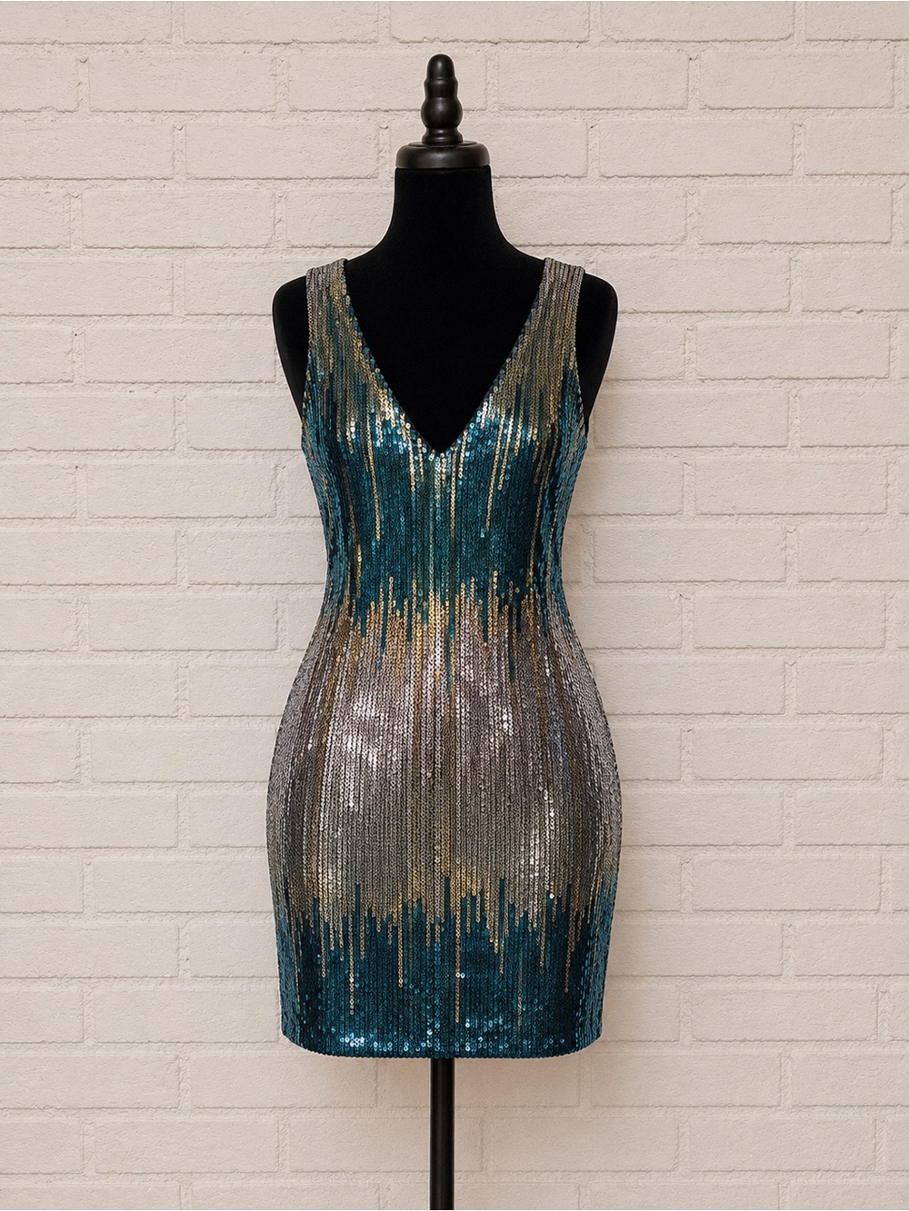 Macy's Teal Gold and Silver Sequin V-Neck Mini Dress